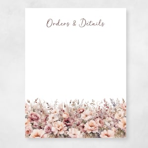 May include: A white paper with the text "Orders & Details" in brown script. The bottom of the paper is decorated with a watercolor floral design in shades of pink, peach, and purple.
