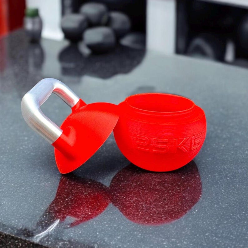 red kettlebell supplement holder, base and screw top lid, can hold 75g of protein supplement