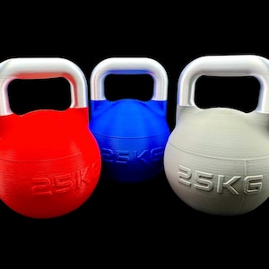kettlebell protein powder holders in red, grey and blue. silver handles