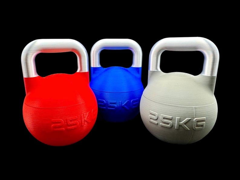 kettlebell protein powder holders in red, grey and blue. silver handles