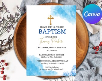 Editable Blue Baptism Invitation Template, Blue Baptism Invite, Blue Clouds Christening Invite, Printable Template INSTANT Download