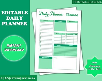 Editable Daily Planner | To Do List | Printable Productivity Day Planner for Work | Daily Checklist PDF| Daily Office Planner - A4/A5/Letter