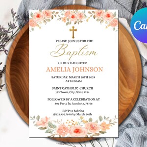Modèle d'invitation de baptême, fleurs roses rustiques, modifiable, faire-part de baptême floral rose, imprimable, modèle à téléchargement immédiat