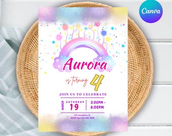 Editable cute Rainbow Birthday Invitation Template, girls Party invitation, Editable Canva Template, Kids Birthday Party, Printable Invite