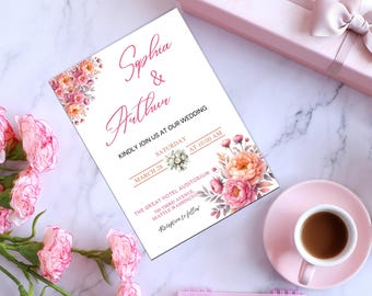 Elegant Pink Floral Wedding Invitation Template - Editable Rustic Design, Printable and Digital Invite for Your Special Day