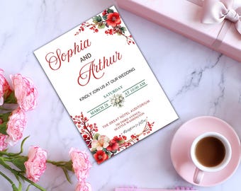 Elegant Red Floral Wedding Invitation Template - Editable Rustic Design, Printable and Digital Invite for Your Special Day
