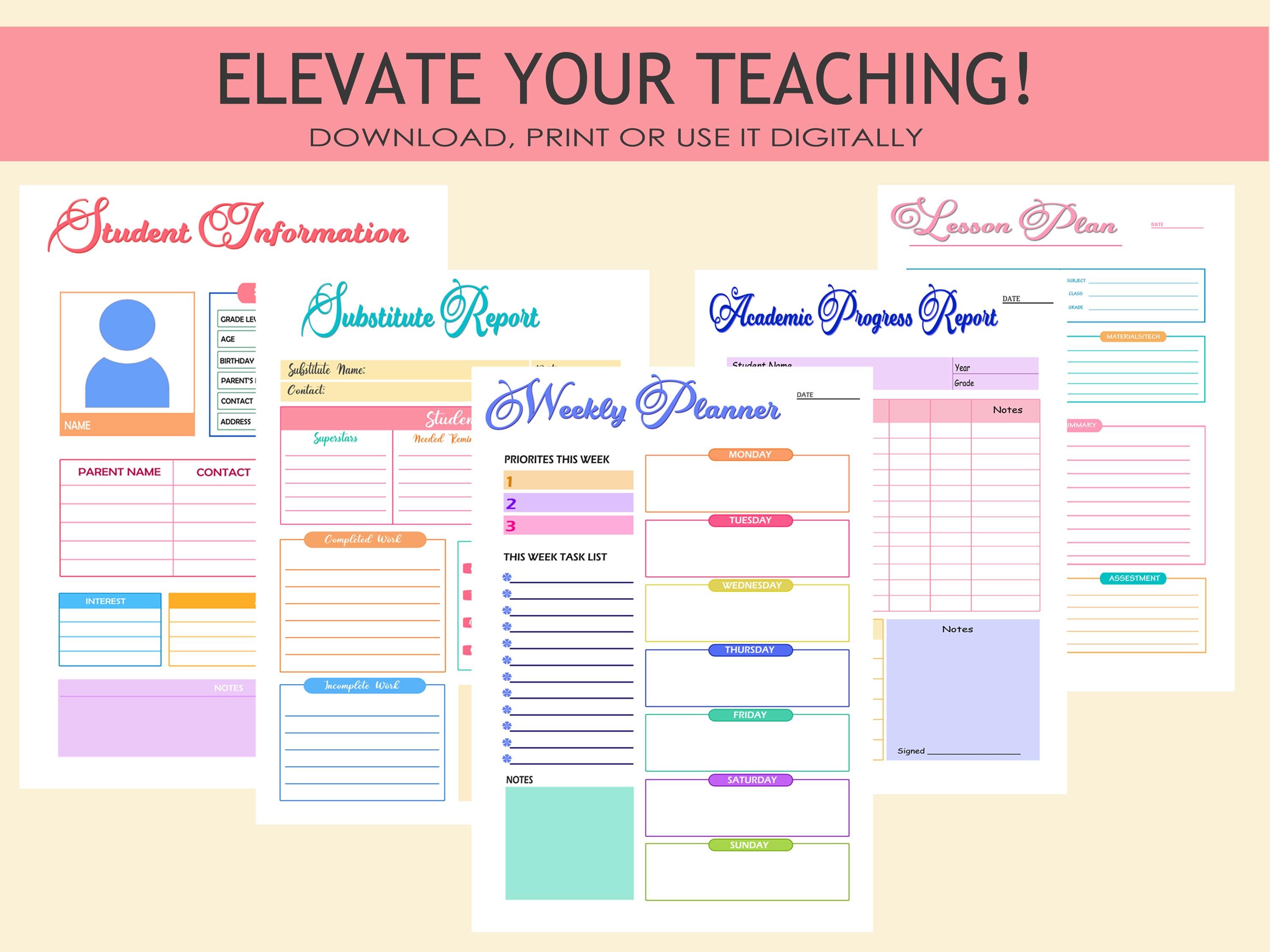 Teacher planner printable fillable 10 pg bundle lesson plan