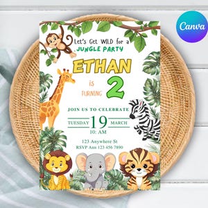 Invitación de cumpleaños de Safari EDITABLE, invitaciones de animales de la selva, invitación de cumpleaños digital para niños, plantilla Canva editable