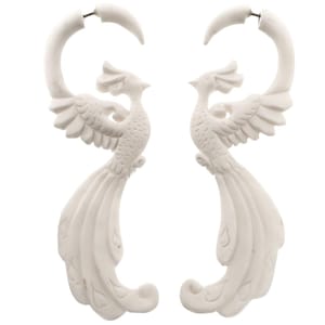 3 1/2&quot; Fake Gauge White Bison Bone Rooster Bird Carving Post Earrings