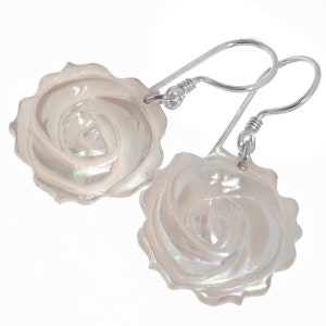 925 Sterling Silver Rose Flower Hand Carving White Mother Of Pearl Shell Earrings, 1&quot;