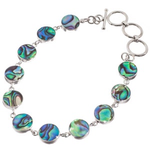 8&quot;-9&quot; Blue Green Paua Abalone Shell Links 925 Sterling Silver Bracelet