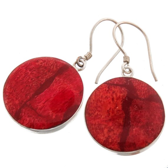 3/4" 925 Sterling Silver Round Red Sponge Coral Sterling Earrings
