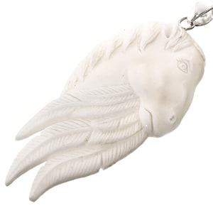 3&quot; Horse Pegasus Feather Hand Carving Bison Bone Carving 925 Sterling Silver Pendant