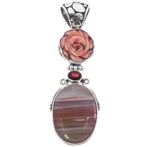 3&quot; Agate Red Garnet Mother Of Pearl Shell Flower 925 Sterling Silver Pendant