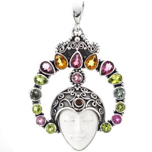 2 5/8&quot; Tourmaline Peridot Citrine Goddess Bison Bone 925 Sterling Silver Pendant