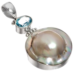 925 Sterling Silver Blue Topaz South Sea Cultured Blister Mabe Pearl Pendant, 1 3/4&quot;