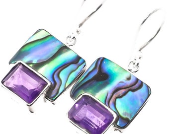 11/16" Genuine Paua Abalone Shell Amethyst Sterling Silver Earrings