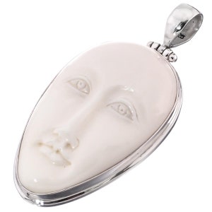 2 1/8&quot; Handcrafted Bali Goddess Bison Bone Carving Sterling Silver Pendant