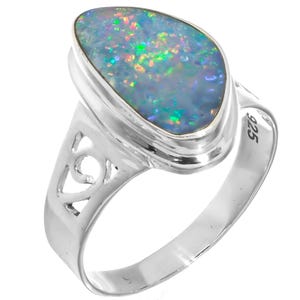 925 Sterling Silver Large Blue Natural Australian Opal Sterling Sz 8 Ring