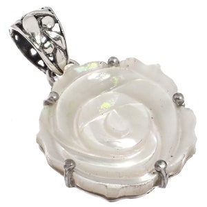 925 Sterling Silver Oyster Mother Of Pearl Shell Rose Flower Sterling Pendant, 1 1/8&quot;