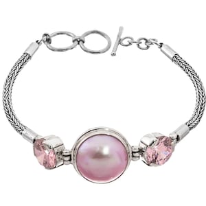 925 Sterling Silver Pink Cz Ocean Cultured Pink Mabe Pearl Sterling Bracelet