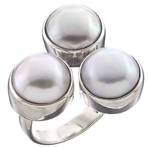 Triple White Freshwater Cultured Pearl 925 Sterling Silver Ring, 15/16&quot; Wide