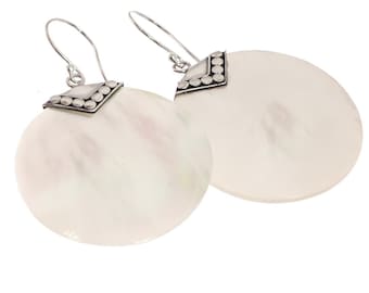 925 Sterling Silver Round Iridescent Oyster White Mother Of Pearl Shell Earrings, 1 1/8"