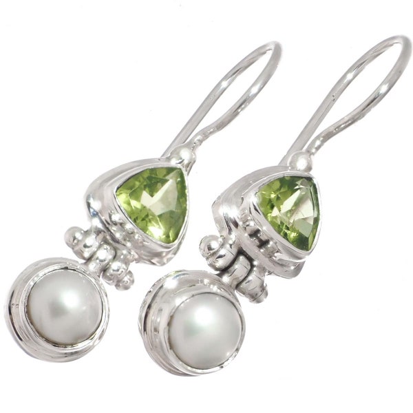 925 Sterling Silver Dainty White Freshwater Pearl Peridot Trillion Sterling Earrings, 1"