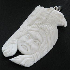 3 1/8&quot; Handcrafted Warrior Wolf Eagle Bison Bone Sterling Silver Pendant