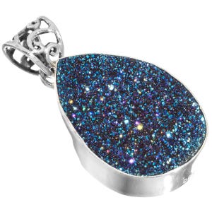 925 Sterling Silver Cobalt Blue Titanium Druzy Drusy Sterling Pendant, 1 1/4&quot;