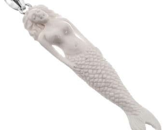 925 Sterling Silver Siren Mermaid Nereid Water Nymph Bison Bone Sterling Pendant, 3"