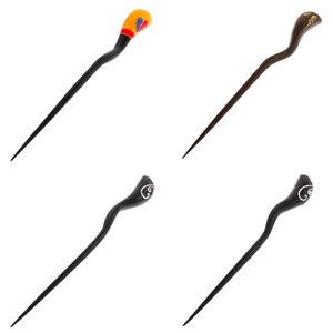 May include: Four black hair sticks with decorative tops. Two sticks have a black and white swirl design, one has a yellow, red, and blue design, and one has a brown and gold design.