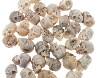 Puede incluir: Una colección de pequeñas calaveras talladas en varios tonos de blanco roto y beige. Las calaveras están detalladas con cuencas de los ojos, cavidades nasales y dientes visibles. Los objetos están dispersos sobre un fondo blanco.