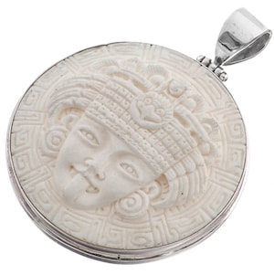 2 1/16&quot; Artisan Aztec Indian Deathmask Bison Bone Carving 925 Sterling Silver Pendant