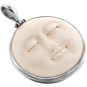 1 3/4&quot; Handcarved Moon Moonface Bison Bone Carving 925 Sterling Silver Pendant