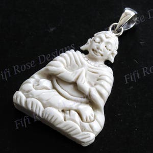 2 1/16&quot; Handcrafted Buddhist Buddha Bison Bone Sterling Silver Pendant