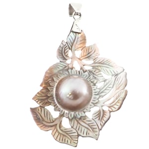 925 Sterling Silver Leaves Hand Carving Mabe Blister Pearl In Shell Sterling Pendant, 3"