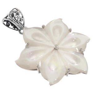925 Sterling Silver Shimmering White Mother Of Pearl Shell Flower Pendant, 1 5/8"