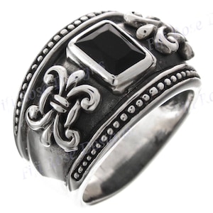 Onyx Oxidized Fleur De Lis Design 925 Sterling Silver Band Ring, US 6.5-8