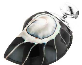 2 3/8" Cool Black Open Nautilus Shell Sterling Silver Pendant