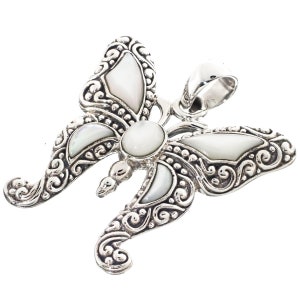 925 Sterling Silver White Mother Of Pearl Shell Scrollwork Butterfly Sterling Pendant