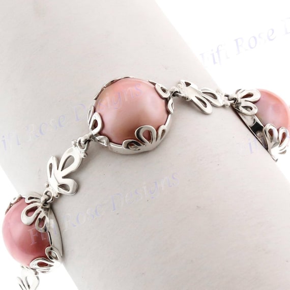 Special Price! Flower Motif Pink Mabe Pearl 925 Sterling Silver Bracelet