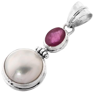 Ruby White Mabe Cultured Pearl 925 Sterling Silver Pendant, 1 9/16&quot;