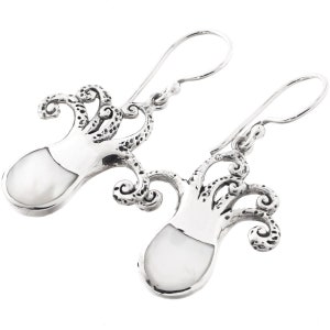 925 Sterling Silver Octopus White Mother Of Pearl Shell Sterling Earrings, 1&quot;