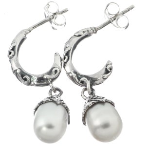 Filigree White Freshwater Pearl 925 Sterling Silver Huggies Stud Earrings