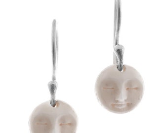 Dainty Moonface Sun Bison Bone Carving 925 Sterling Silver Earrings