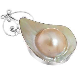 925 Sterlingsilber Schöner irisierender Mabe Blister Zuchtperle Sterling Anhänger, 5,1 cm