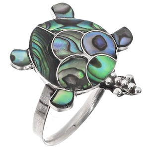 925 Sterling Silver Turtle Paua Abalone Shell Sterling Ring, Adjustable 6-9