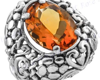 Anello da cocktail in argento sterling 925 con motivo a volute ovali in citrino, misure US 7, 8, 9
