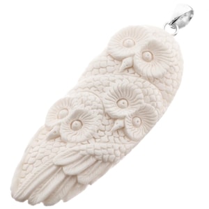 3&quot; Hand Carving Owl Trio Bison Bone Handmade 925 Sterling Silver Pendant